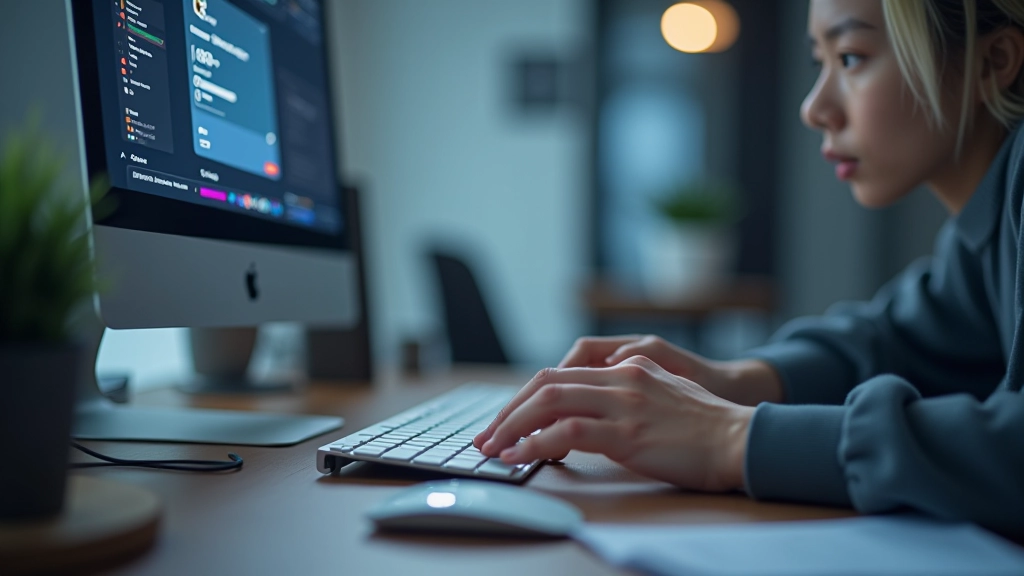 Hands typing on keyboard with design software interface visible on monitor